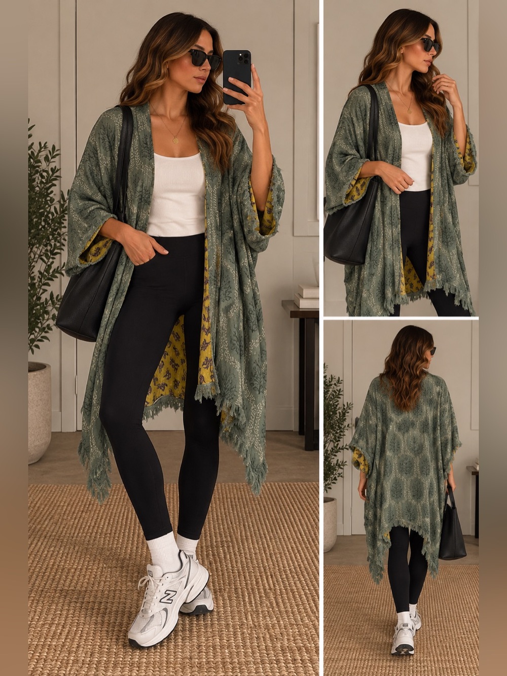 Zara Green Printed Open-Front Kimono with Yellow Printed Lining